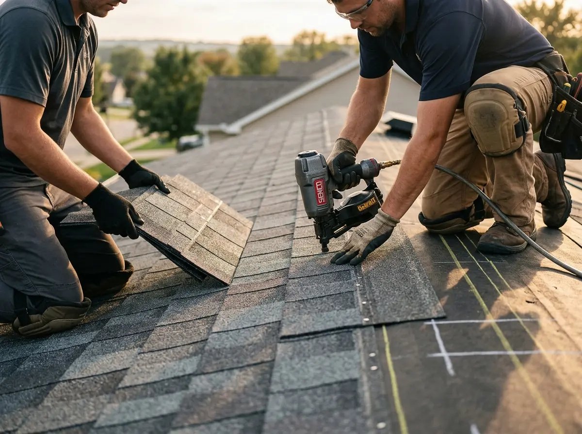 Professional roofer working on a residential roof in Archbald